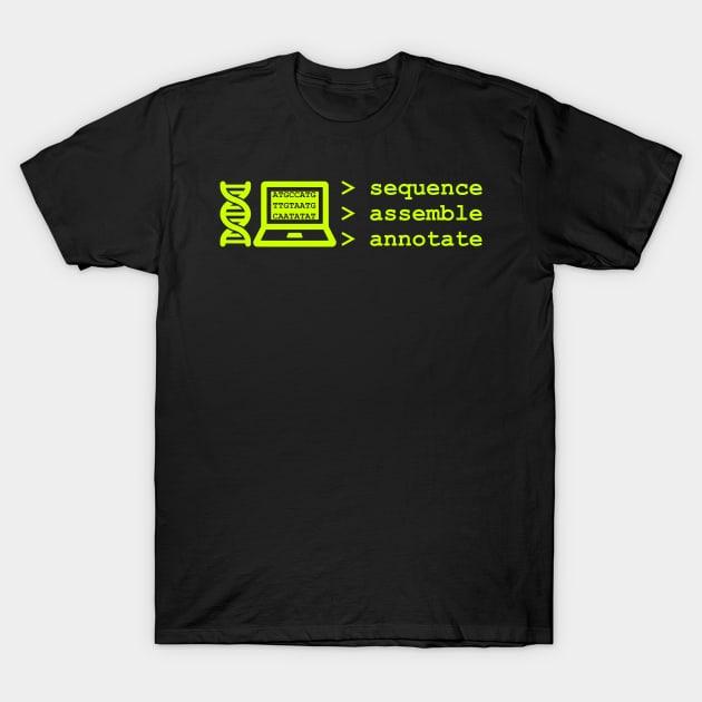 Bioinformatics Genome Sequence Assemble Annotate Green T-Shirt by MoPaws